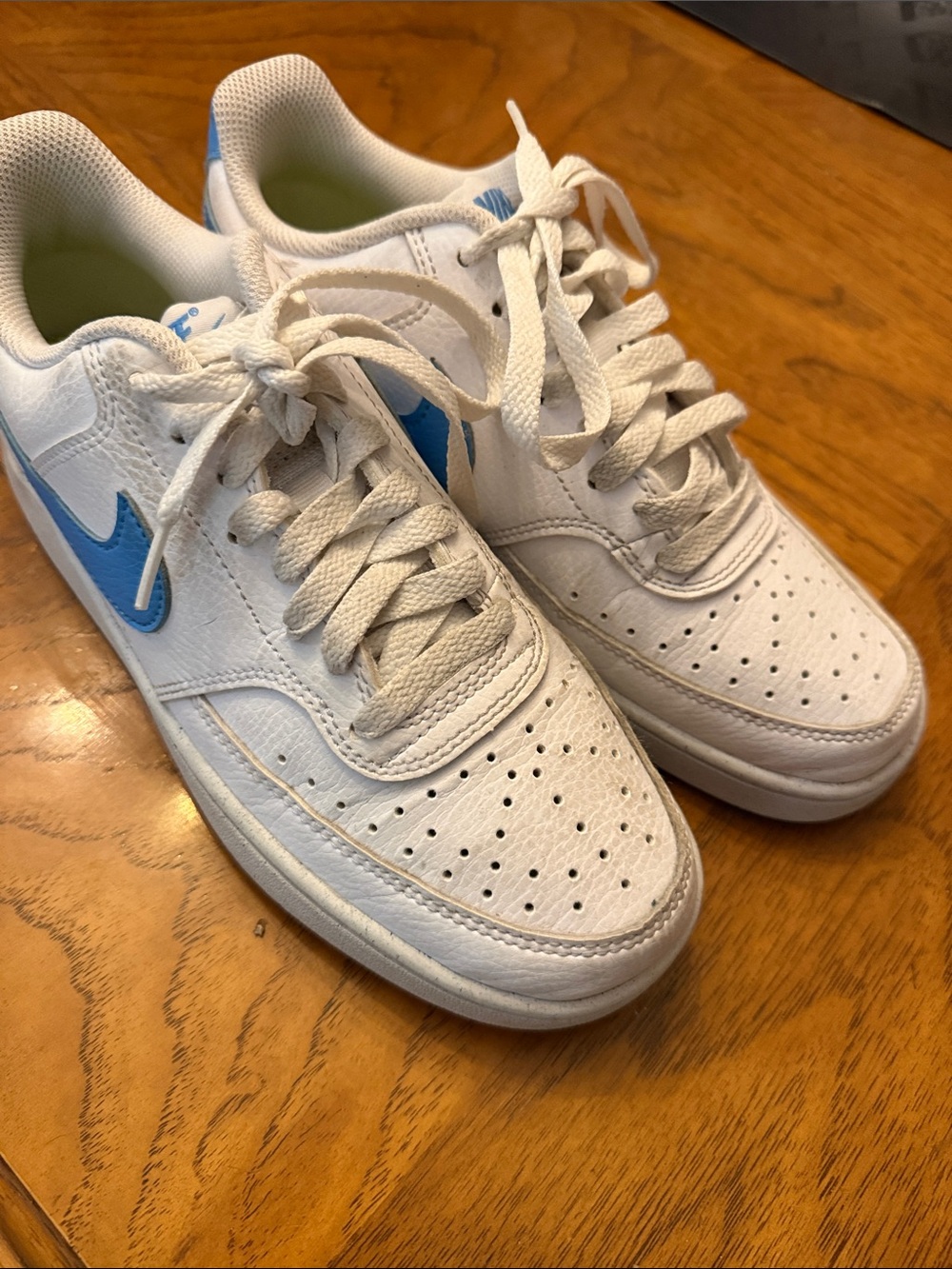 Nike Kids White Sneakers with Light Blue Swoosh